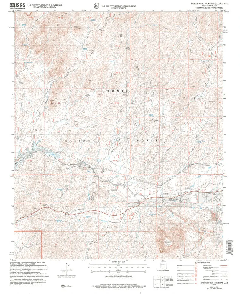 Picketpost Mountain 7.5' Az Map U.S. Geological Survey 1