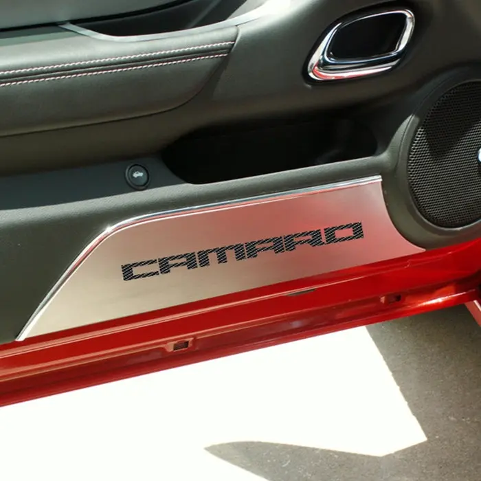 Camaro Logo Door Kick Plates - Brushed With Carbon Fiber Inlay 1