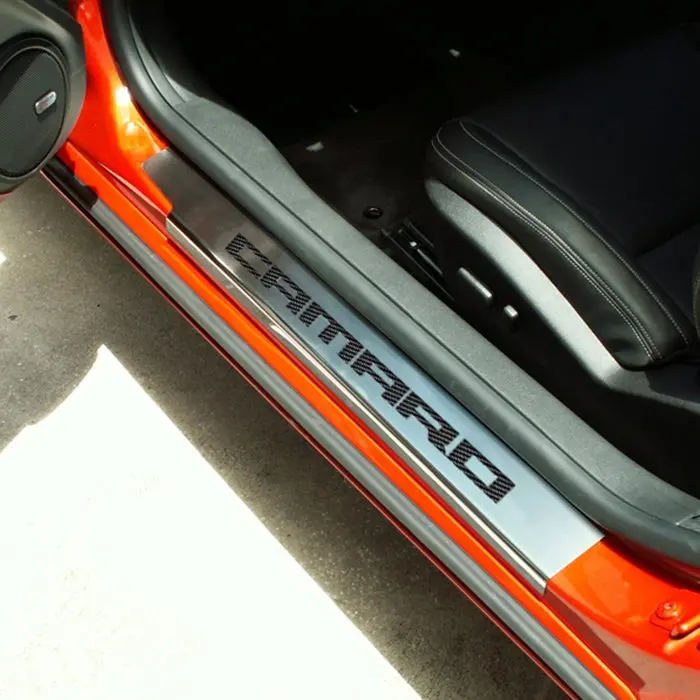 Camaro Door Sill Plates - Brushed-Polished Stainless Steel "Camaro" Carbon Fiber 1
