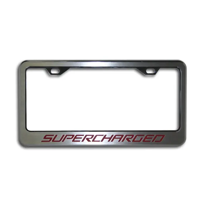 Camaro License Plate Frame Brushed-Polished With Carbon Fiber "Supercharged" Inlay 1