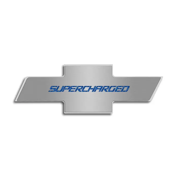 2010-2015 Camaro - Polished-Brushed Stainless Steel W-Carbon Fiber "Supercharged" - Factory Hood Panel Badge 1