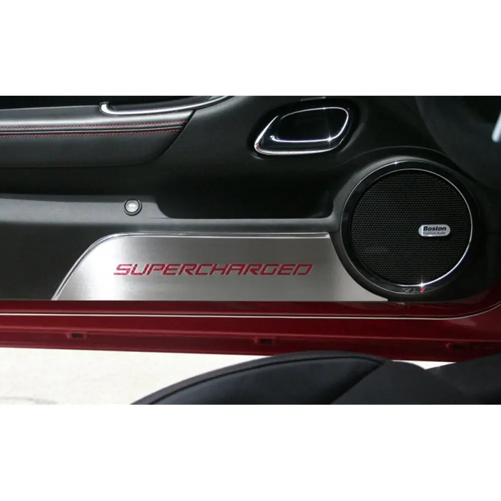 Camaro Supercharged Logo Door Kick Plates - Brushed With Carbon Fiber Inlay 1