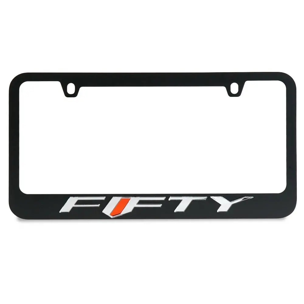 Black License Plate Frame- Camaro Fifty W-O Mirror "Fifty" Word W Orange Mirror Insert 1