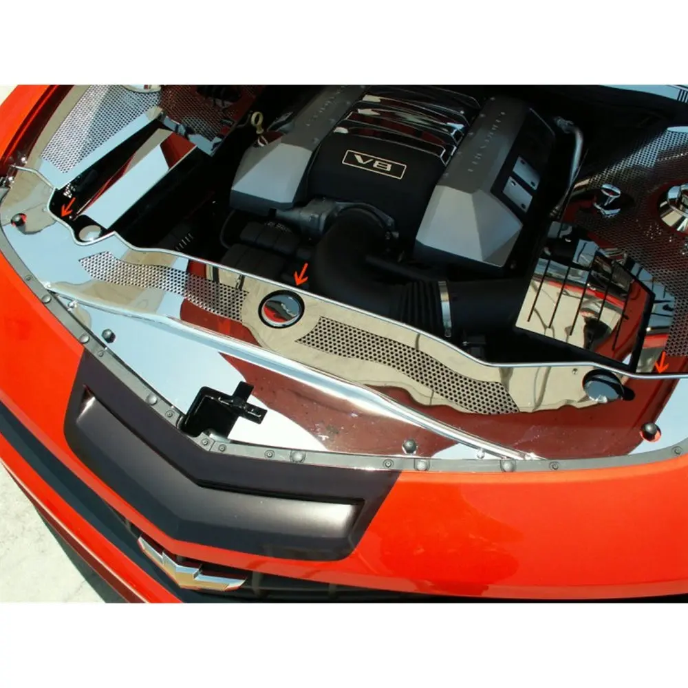 2010-2015 Camaro  Polished Stainless Radiator Cover W-Perforated Insert And Caps 1