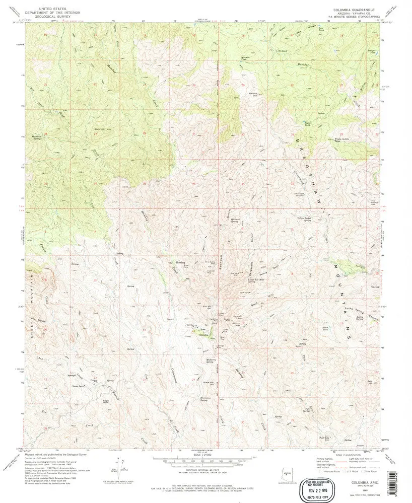 Columbia 7.5' Arizona Map U.S. Geological Survey 1