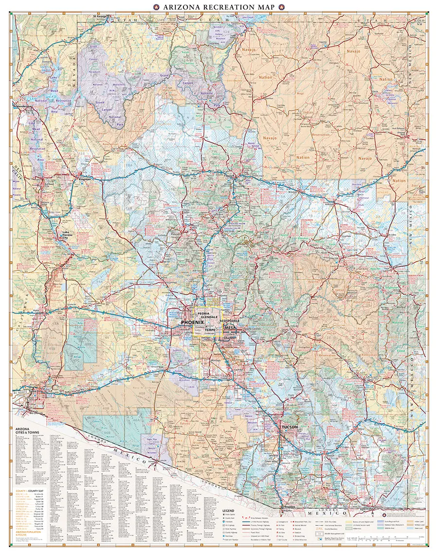 Benchmark Maps Arizona Recreation Map Gloss Premium Mounted 1