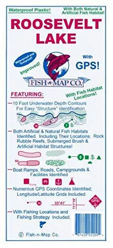 Roosevelt Lake With Gps! Improved! With Both Natural & Artificial Fish Habitat Locations! Waterproof And Tearproof Plastic! Map 1