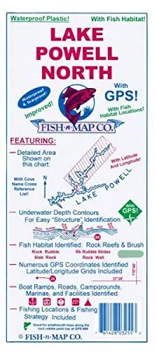Lake Powell North With Gps! With Latitude And Longitude! Improved! With Fish Habitat Locations! Waterproof And Tearproof Plastic! 1