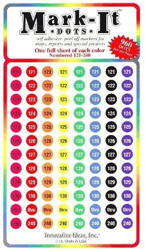 Innovative Ideas Medium 1/4" Removable Numbered 121-240 Mark-It Brand Dots For Maps, Reports Or Projects - Eight Color Pack 1