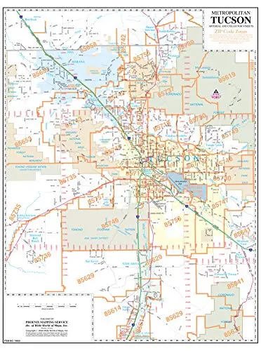 Metropolitan Tucson Arterial And Collector Streets Zip Codes Full-Size Wall Map Dry Erase Laminated [Map] Phoenix Mapping Service 1