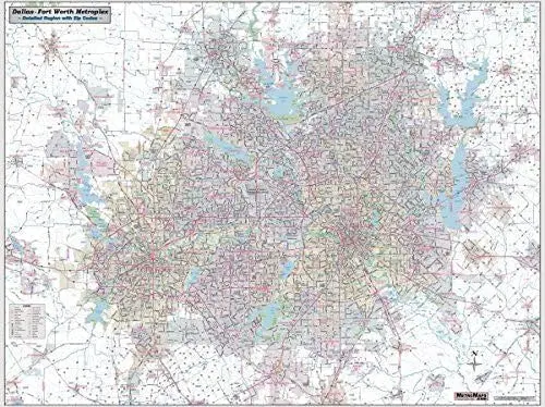 Dallas - Fort Worth Metroplex Detailed Regional Wall Map W/Zip Codes *Ready-To-Hang* Jumbo 64"×48" 1