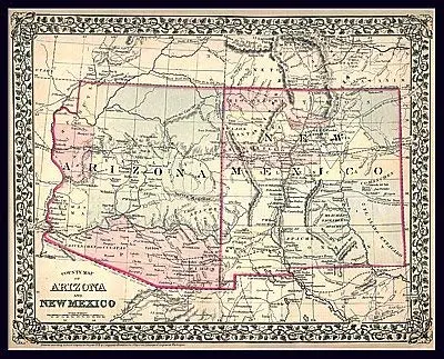 1879 County Map Of Arizona And New Mexico Satin Laminated 1