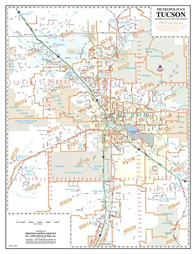 Metropolitan Tucson Arterial And Collector Streets Zip Code Zones Desk Map Gloss Ready-To-Hang 1