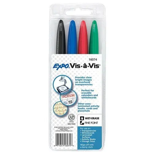 Expo : Vis--Vis Wet-Erase Overhead Projection Marker, Fine Point, Asstd., 4 Per Set -:- Sold As 2 Packs Of - 4 - / - Total Of 8 Each 1