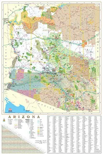 Arizona Wallmap With Index Ready-To-Hang [Map] Phoenix Mapping Service 1