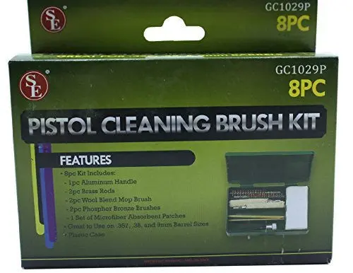 Se 8-Piece Pistol Cleaning Brush Kit For .357, .38, 9Mm - Includes Brass Rods, Mop Brushes, Bronze Brushes, Patch Loop, And Microfiber Patches In Plastic Case - Gc1029p 1