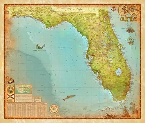 Large Antique Style Florida Wall Map 56"X48" Laminated [Map] Compart Maps 1