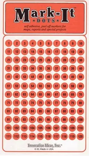 Medium 1/4" Removable Numbered 1-120 Mark-It Brand Dots For Maps, Reports Or Projects - Orange 1