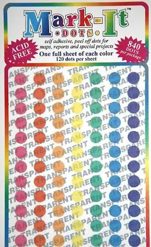 Medium 1/4" Removable Transparent Mark-It! Brand Dots For Maps, Reports, Or Projects - Seven Color Pack 1