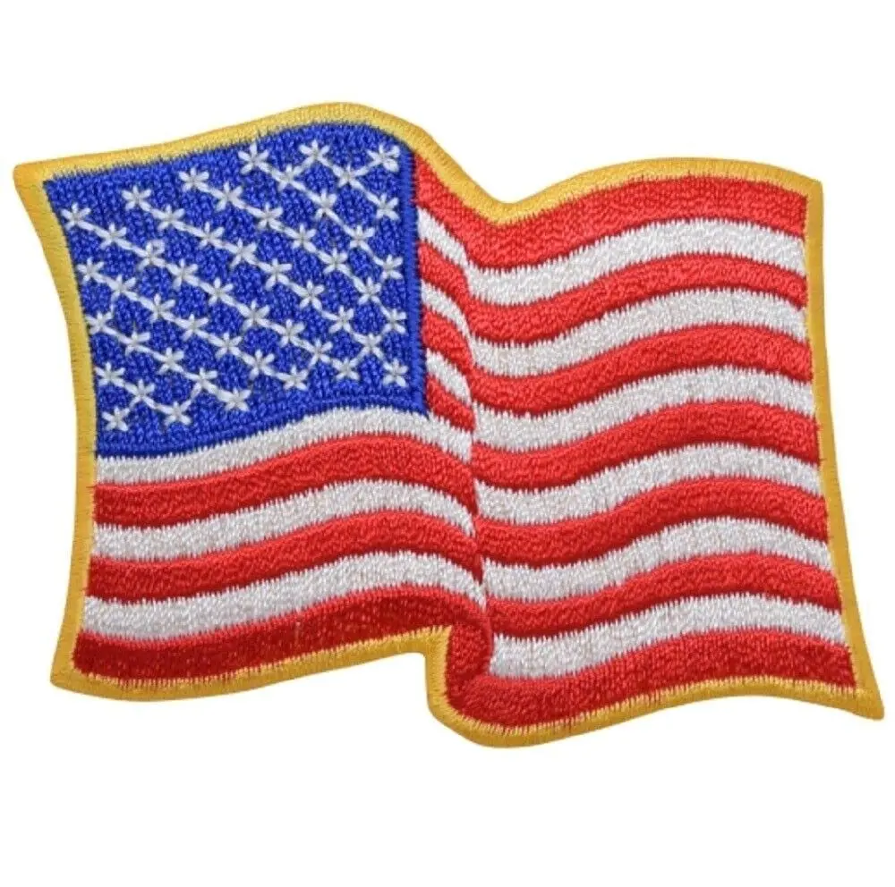 American Flag Embroidered Applique Patch With Gold Border - Wavy, Usa, United States Badge 3.25" - Iron On/Sew On Patches For Clothes, Jackets, Pants, Backpacks, Dress, Hats, Caps, Jeans 1
