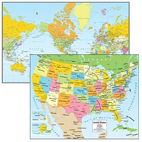 Colorful Political Mercator Projection World & Usa Desk Map Set Gloss Laminated [Map] Phoenix Mapping Service 1