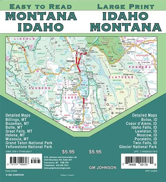 Large Print Idaho / Montana Easy To Read State Map 1