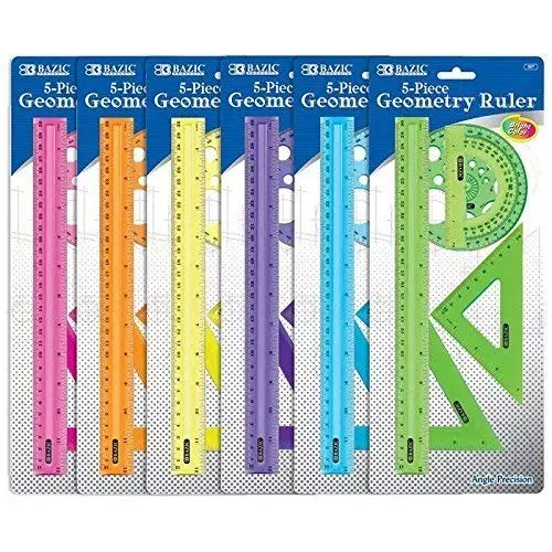 Bazic Math Geometry Set 5 Pieces, Compass180 Degree 360 Degree 12", Ruler, 2 Triangle Rulers, Plastic Clear Measuring Sets For School Supplies, 1 Unit, Random Color 1