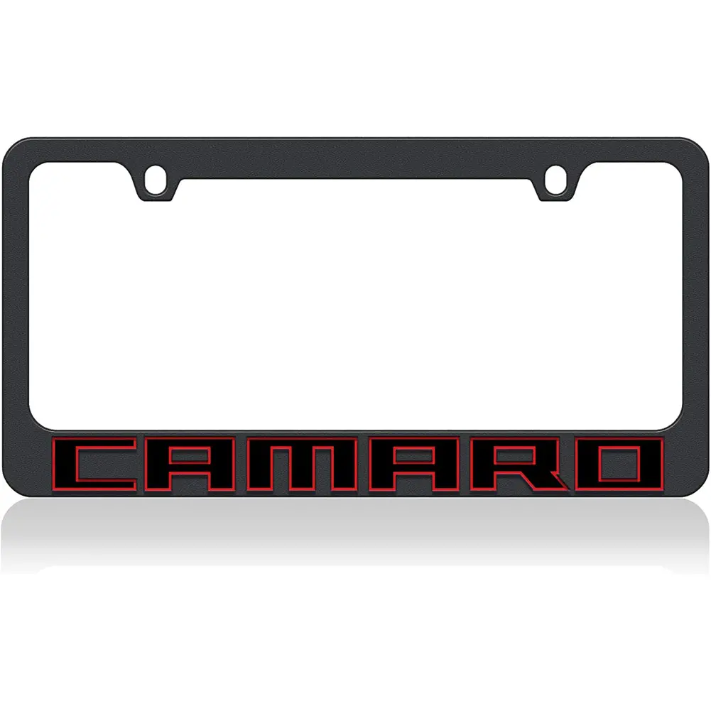 Camaro License Plate Frame Black Letters With Red Outline 1