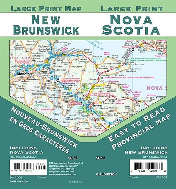 New Brunswick / Nova Scotia Large Print Road Map Lucidmap / Gm Johnson 1