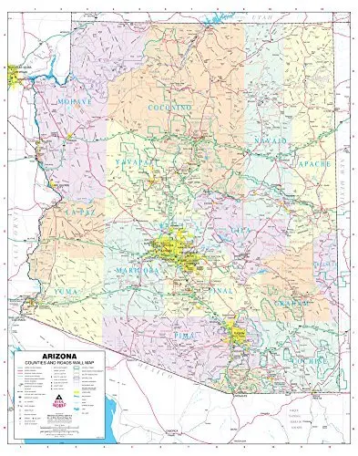 Arizona Counties And Roads Large Wall Map Dry Erase Laminated 1