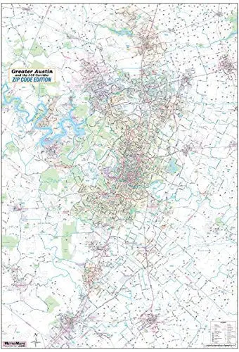 Wide World Of Maps Austin Tx Detailed Region Wall Map W/Zip Codes 36"X52" Full Color Laminated Road Map [Map] Metro Maps 1