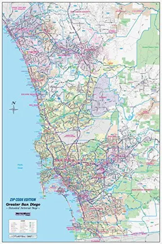 Greater San Diego Ca Detailed Wall Map W/Zip Codes *Laminated* 36"X54" [Map] Metro Maps 1