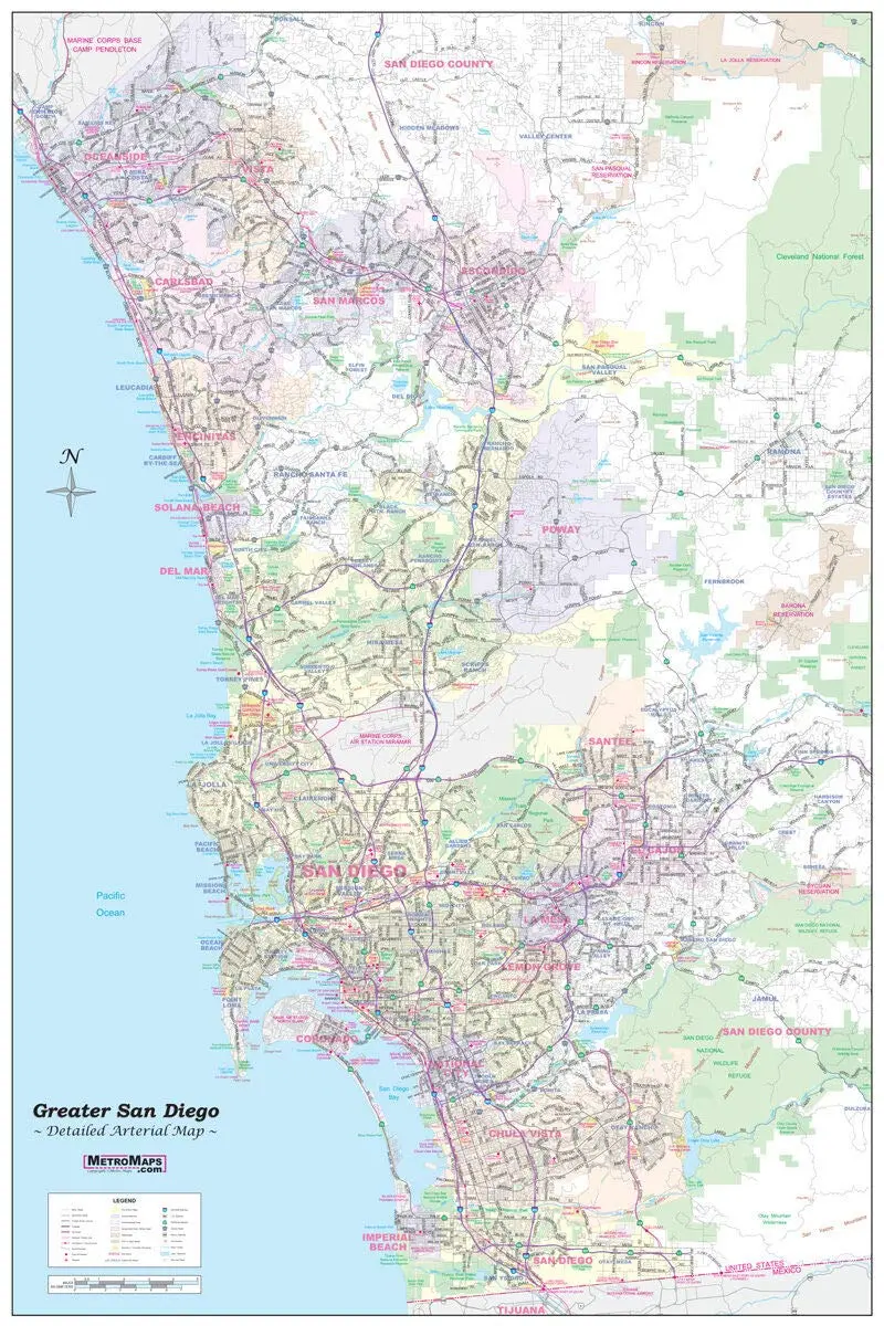 Greater San Diego California Wall Map Plain *Laminated* Small 24"×36" 1