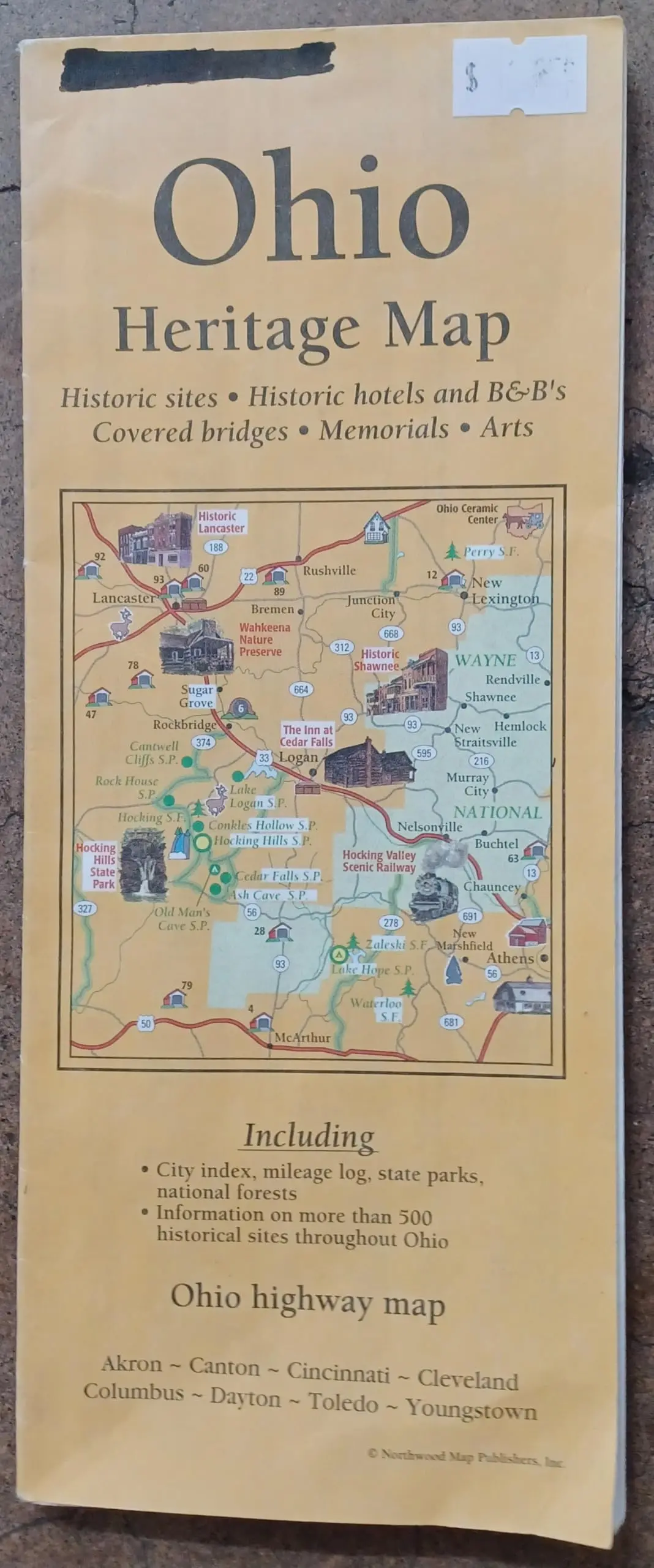 Ohio Heritage Map: Historic Sites, Historic Hotels And B&B's, Covered Bridges, Memorials, Arts : Including ... Ohio Highway Map, Akron-Canton-Cincinnati-Cleveland, Columbus-Dayton-Toledo-Youngstown Northwood Map Publishers 1
