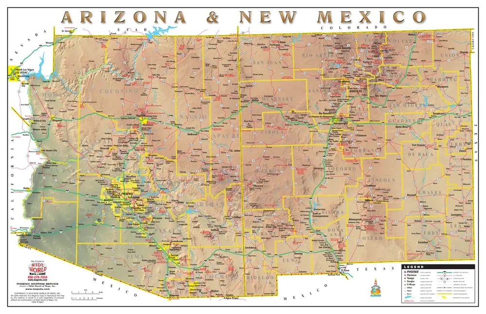 Arizona & New Mexico Physical Highways Wall Map Gloss Laminated [Map] Phoenix Mapping Service 1