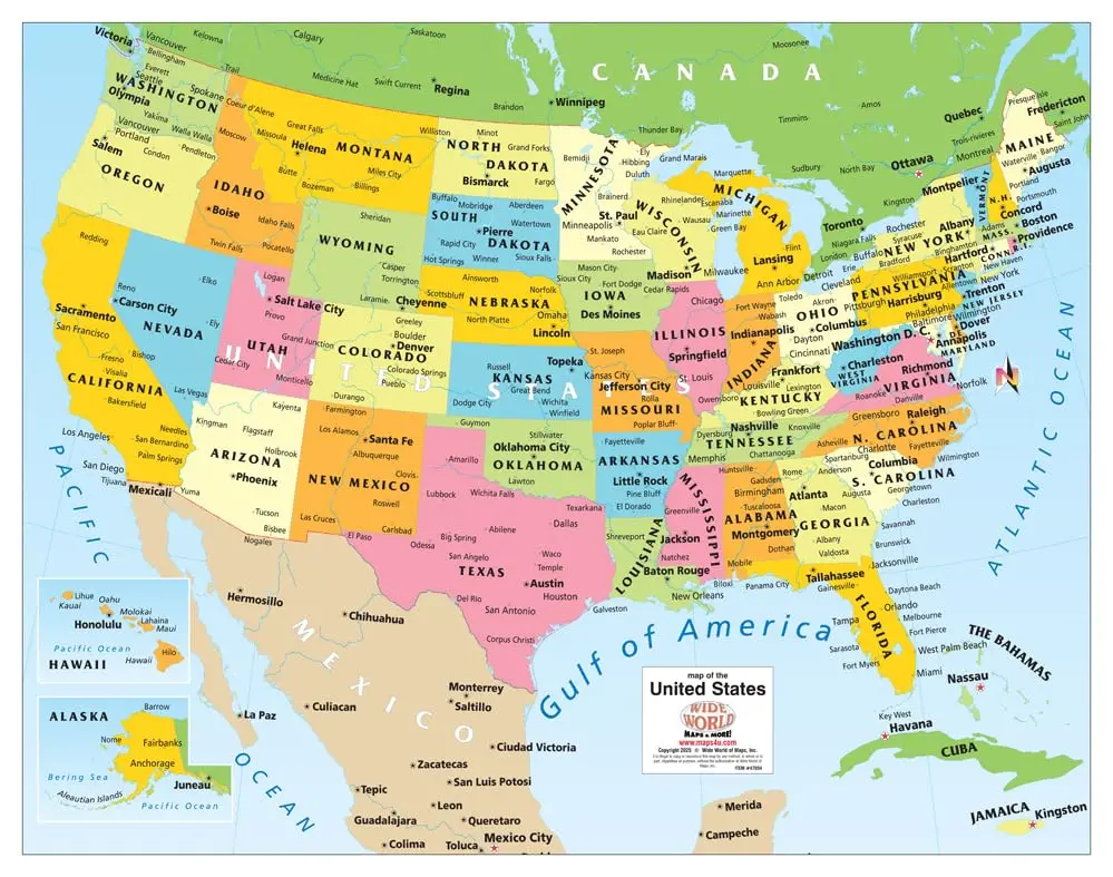 Colorful United States Wall Map Showing Gulf Of America (26" × 20") 1