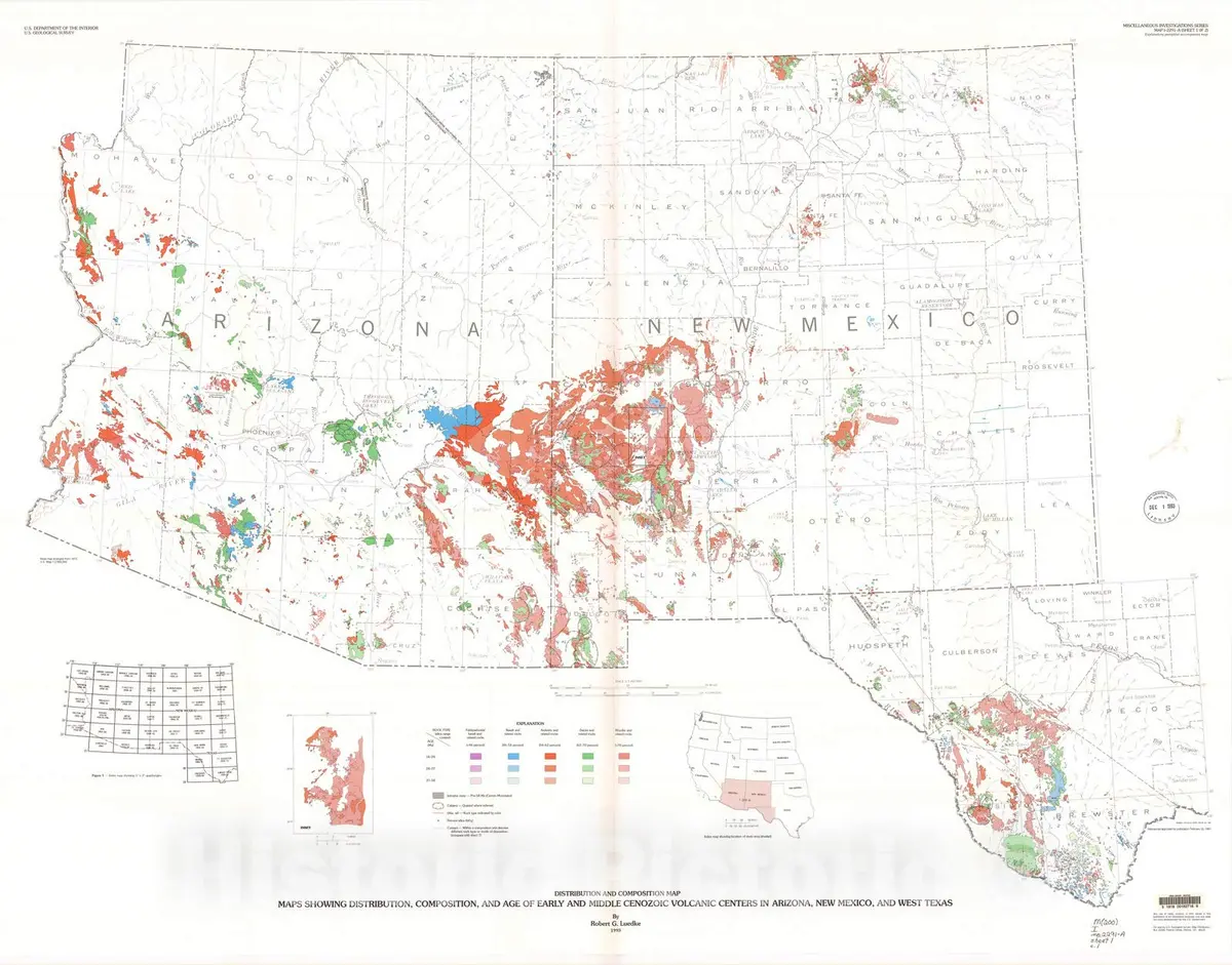 Historic Pictoric Map : Maps Showing Distribution, Composition, And Age Of Early And Middle Cenozoic Volcanic Centers In Arizona, New Mexico, And West Texas, 1993 Cartography Wall Art : 1