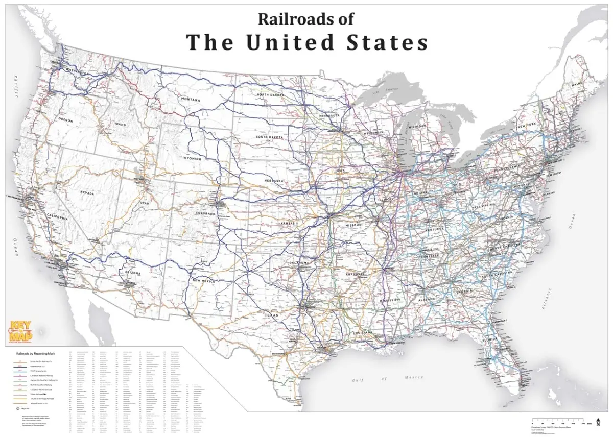 Railroads Of The United States Wall Map 42X58 [Map] Houston Map And Key Maps 1