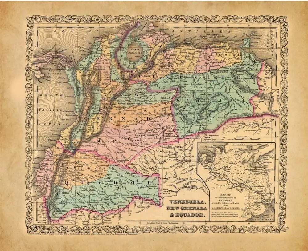 1856 Venezuela, New Grenada & Ecuador Paper/Non-Laminated Historical Map Reprint 1