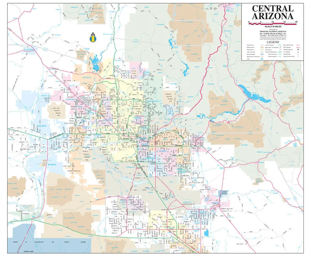 Central Arizona Full-Size Wall Map Dry Erase Ready-To-Hang 1
