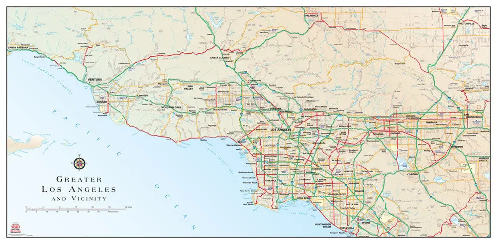Greater Los Angeles And Vicinity Gloss Laminated Wall Map 1