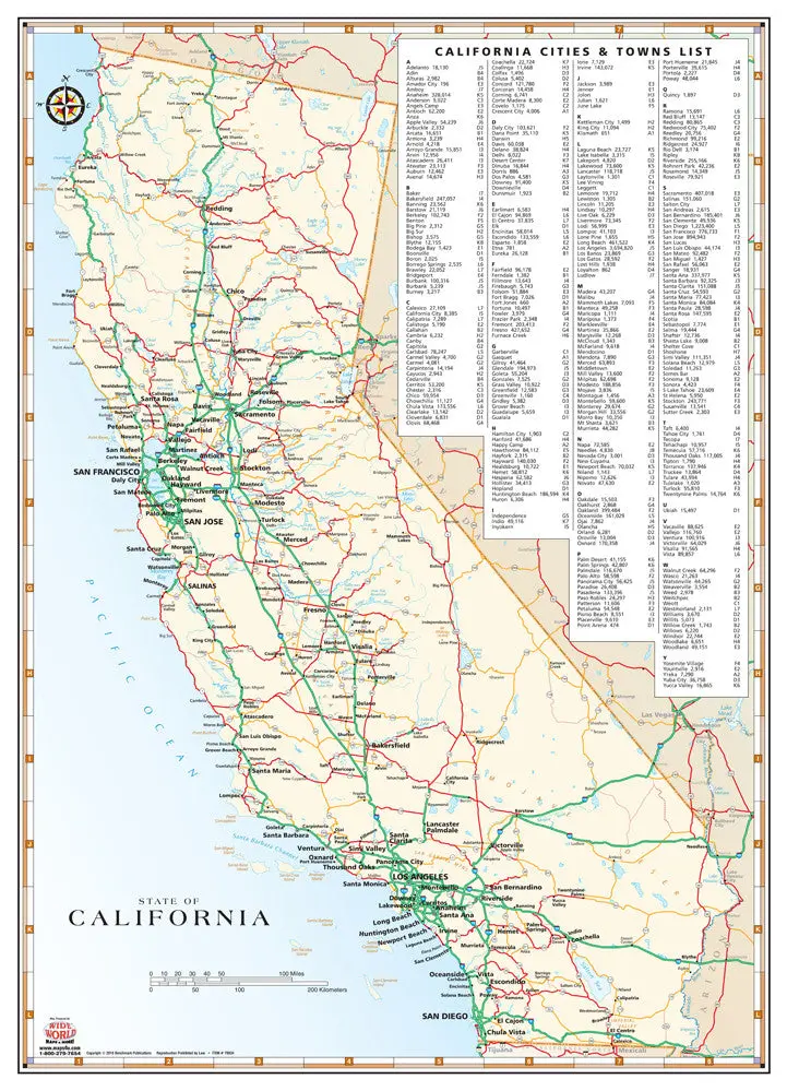 California Highways And Roads Wall Map Full-Size Gloss Laminated 1