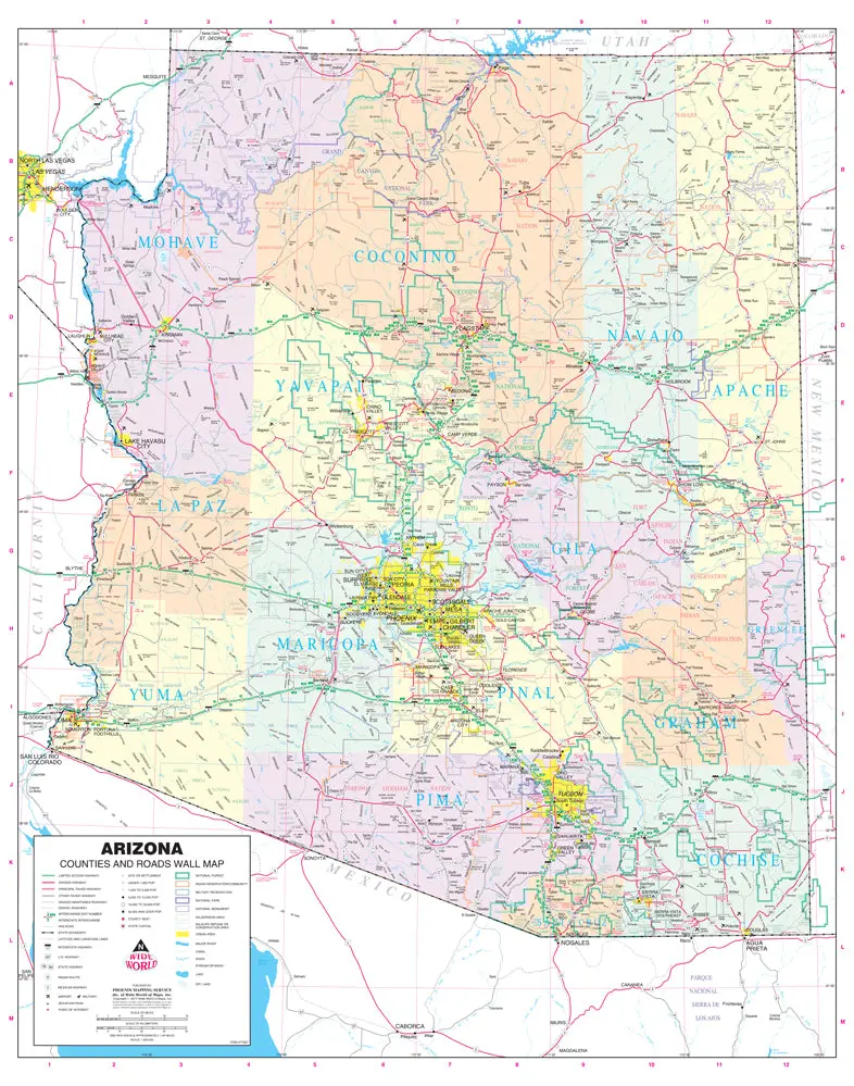 Arizona Counties And Roads Large Wall Map Dry Erase Ready-To-Hang 1