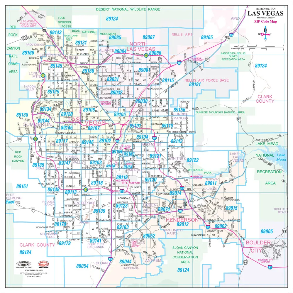 Metropolitan Las Vegas Major Streets & Freeways With Zip Codes Desk Map 1