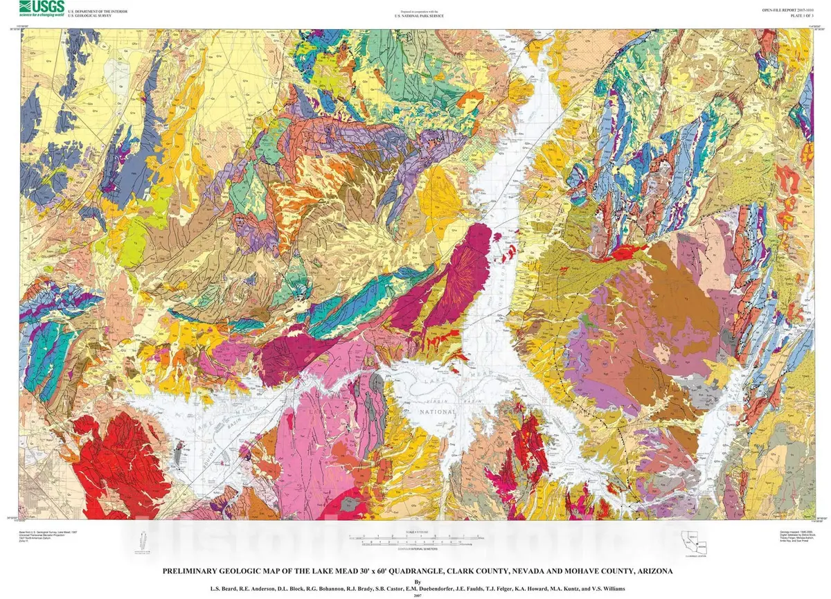 Historic Pictoric Map : Preliminary Geologic Map Of The Lake Mead 30' X 60' Quadrangle, Clark County, Nevada, And Mohave County, Arizona, 2007 Cartography Wall Art : 1