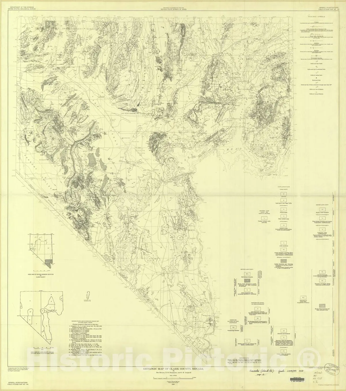 Historic Pictoric Map : Geologic Map Of Clark County, Nevada, 1958 Cartography Wall Art : 32In X 36In 1