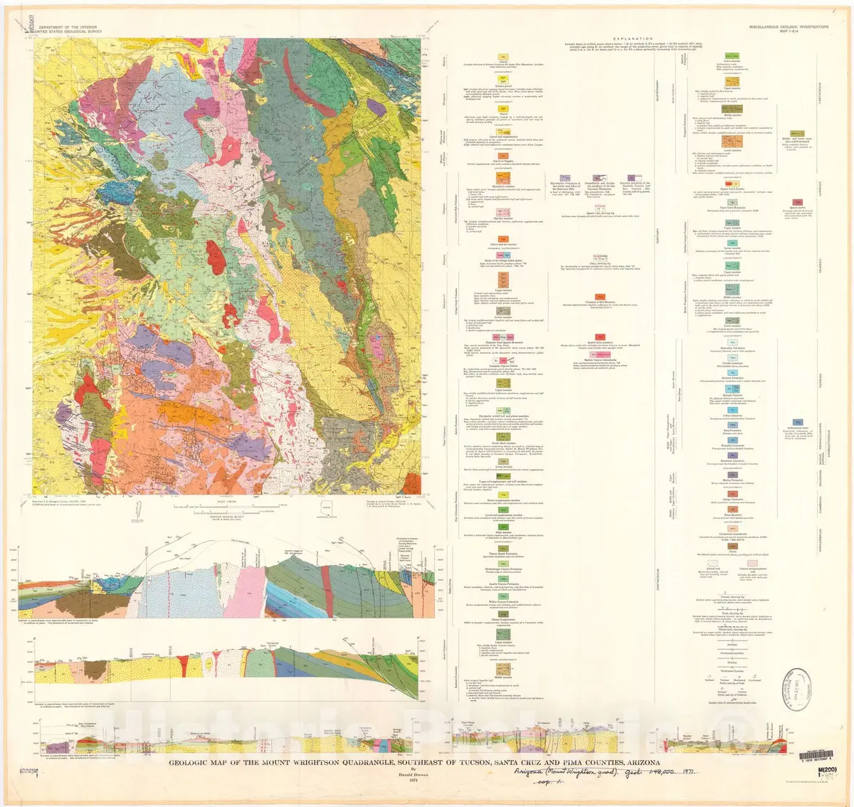 Historic Pictoric Map : Geologic Map Of The Mount Wrightson Quadrangle, Southeast Of Tucson, Santa Cruz And Pima Counties, Arizona, 1971 Cartography Wall Art : 1