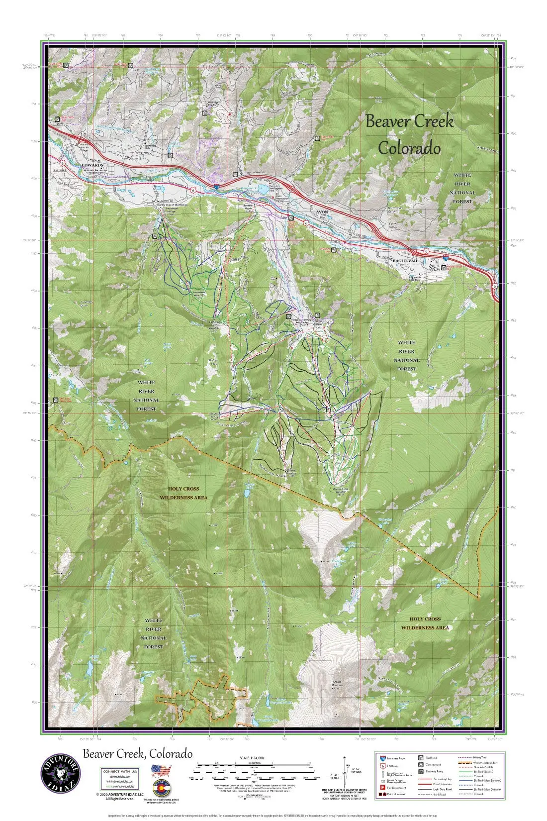 Beaver Creek Colorado Ski Area Topographic Keepsake Poster Map (With Ski Runs, Lifts And Gondolas; Hiking Trails, Topo Markings & Elevation Markings) [Map] Kevin J. Diaz 1