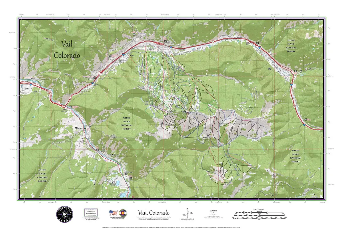 Vail Colorado Ski Area Topographic Keepsake Poster Map (With Ski Runs, Lifts And Gondolas; Hiking Trails, Topo Markings & Elevation Markings) 1