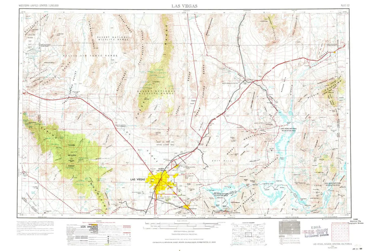 Yellowmaps Las Vegas Nv Topo Map, 1:250000 Scale, 1 X 2 Degree, Historical, 1954, Updated 1971, 21.9 X 32.1 In - Paper 1